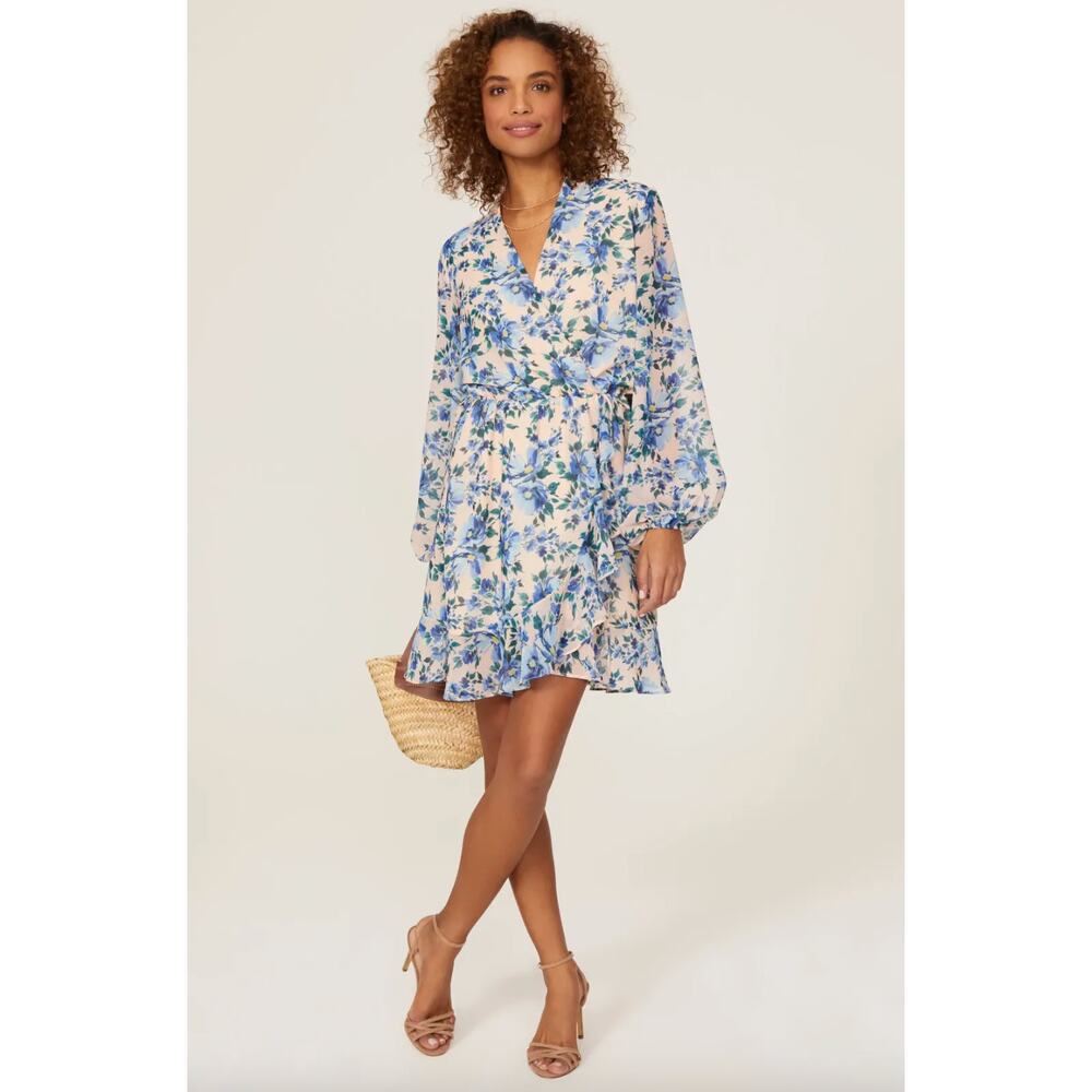 NWT! Alexia Admor Blue Floral Faux Wrap Ruffle Trim Mini Dress Size 8